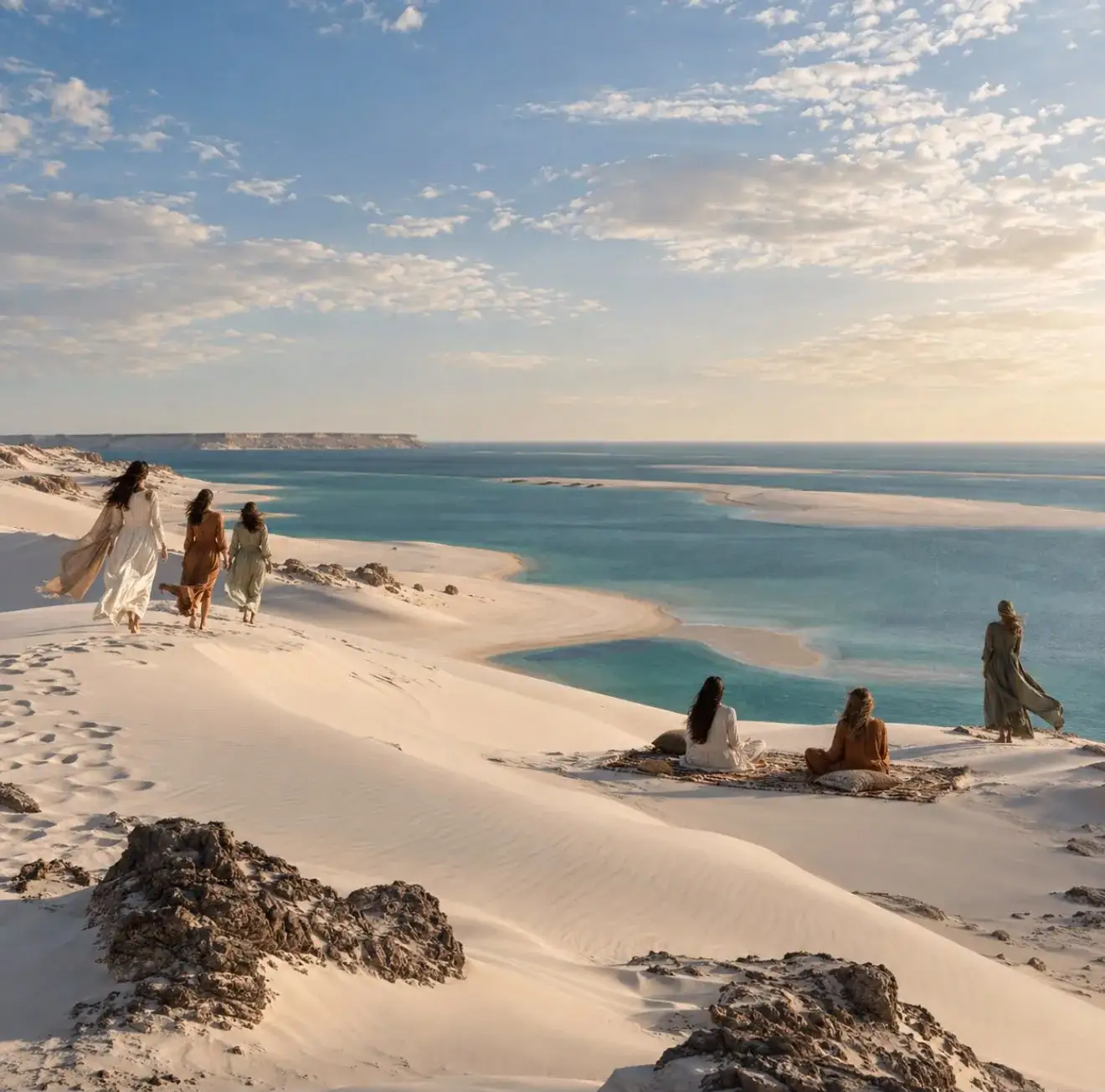 Participantes sur les Dunes Blanches de Dakhla, face à la lagune
